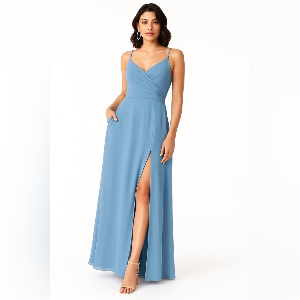 NWT Azazie citrina bridesmaid dress steel Blue size 6 convertible full length
